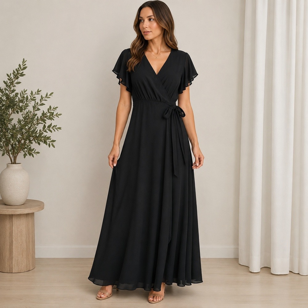 Brass & Rue ND0206 Black Faux Wrap Maxi Dress Flutter Sleeve S
